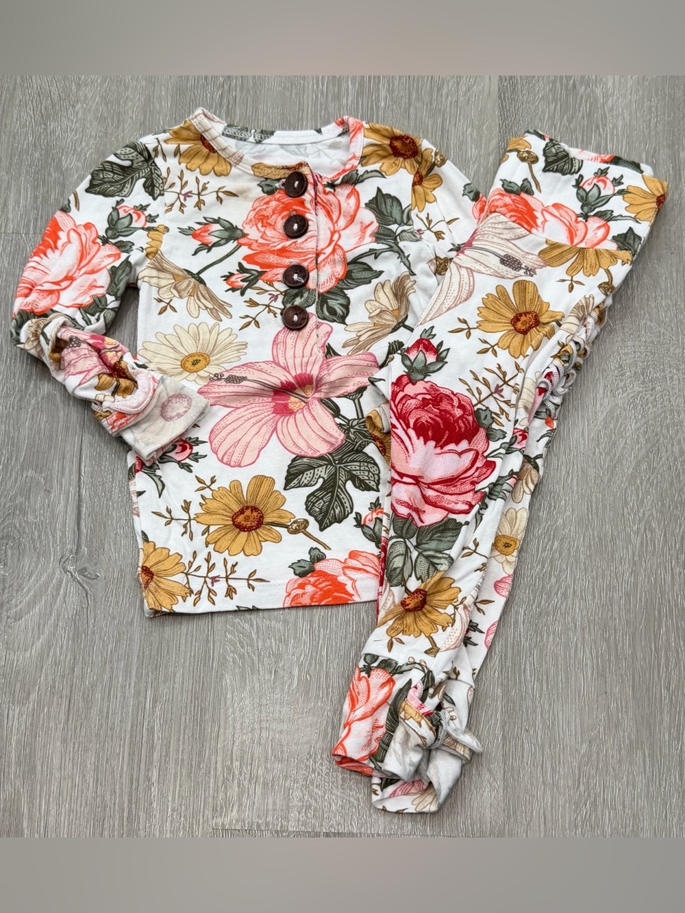 Kids Floral Bamboo Matching Set - Cream with Pink & Yellow Flowers 9m Baby Girl